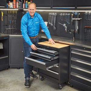 Datona® Gereedschapswagen 5 laden met houten werkblad - Mat Zwart