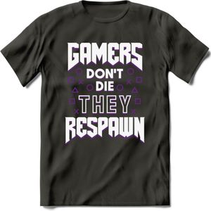 Gamers don't die T-shirt | Paars | Gaming kleding | Grappig game verjaardag cadeau shirt Heren – Dames – Unisex | - Donker Grijs - M