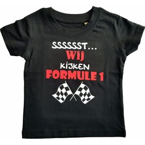 Zwart baby t-shirt met ""Sssssst... Wij kijken Formule 1"" - 12 tot 18 maanden - babyshower, zwanger, cadeautje, kraamcadeau, grappig, geschenk, baby, tekst, bodieke, vaderdag, verjaardag, opa en oma dag