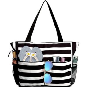 1 stuk strandtas voor dames met rits, grote strandtas, familie, zwemtas, waterdichte strandtas voor dames, tas voor strand, reizen, zwembad, sportschool, zwart