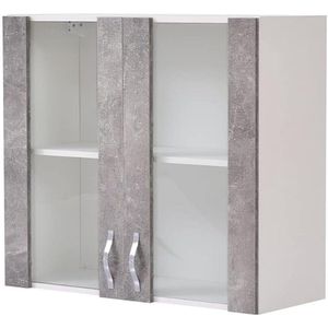 Sideboard, keukenkast met glas, hangkast voor wandmontage, van hout, twee deuren, 1 plank, 2 vakken, ruim, robuust, betongrijs, afmetingen: 80 x 32 x 72 cm