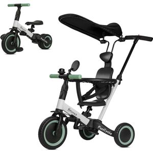 BRONEA® 5-in-1 driewieler vanaf 1 jaar met duwstang | Groeit met je kind mee van driewieler tot loopfiets | Met veiligheidstuigje, zonnedak & accessoires zoals drinkbekerhouder, spiegel, bel | Zwart/Wit