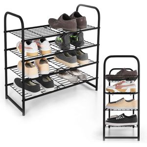 Schoenenrek met 4 Niveaus - Schoenenorganizer voor 12-15 Paar - Compact en Stijlvol Design - Zwart Metalen Schoenenopslag - Ideaal voor Woonkamer en Slaapkamer