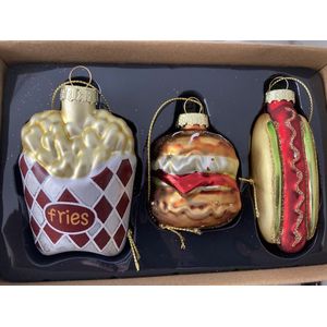 Glazen Kersthangers 3 stuks Fries Burger Hotdog 10 cm kerstbal/ornament
