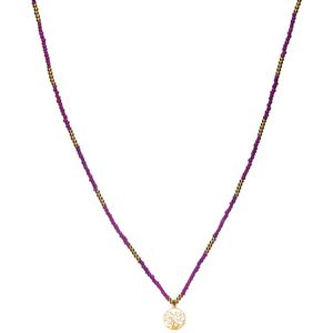 CO88 Collection 8CN-26290 Stalen Ketting met Kralen - Dames - Goudkleurig - 3 mm - Fuchsia - 2,5 mm - levensboom - 12 mm - Lengte 70 + 7 cm