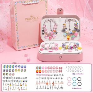 Sieradenset Meisje(132pcs) met lederen sieradendoosje -DIY sieradendoos -Kettingen armbanden zelf maken - sieraden DIY knutselset voor kinderen - bedelarmbandkit doe-het-zelf kindersieraden, knutselen, kinderspeelgoed(5-12 jaar)-Roze