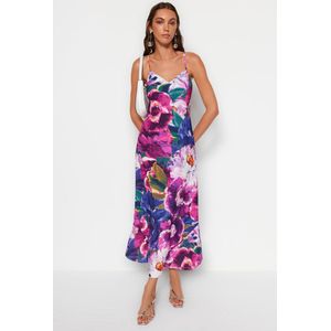 Trendyol Standaard mouw V-hals Verschuiving Veelkleurige halter bloemen midi geweven jurk TWOSS23EL02416