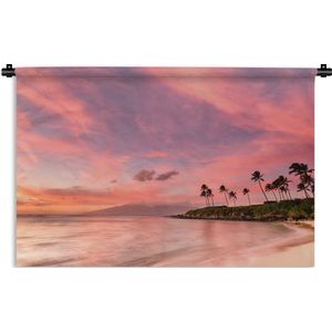 Wandkleed Zonsondergang op het Strand  - Roze zonsondergang boven het strand in Hawaii Wandkleed katoen 180x120 cm - Wandtapijt met foto XXL / Groot formaat!