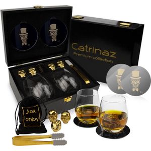 Catrinaz® Luxe Whiskey set - Tequila set - Skull - 2 tumblers 350ml - 4 RVS whiskey stenen - 2 metalen onderleggers - ijstang - Luxe houten geschenkdoos - Uniek cadeau + E-BOOK