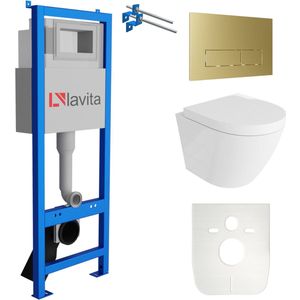 LAVITA® Inbouwreservoir Complete Toiletset LAV 101 - Inbouw WC Hangtoilet Wandcloset SOGO Wit Hoogglans - Bedieningsplaat 200.3.5 Gouden - Voorwandelement voor toilet 40cm - Installatiesysteem