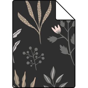 Proefstaal ESTAhome behang bloemmotief in Scandinavische stijl zwart, grijs, beige en roze - 139083 - 26,5 x 21 cm