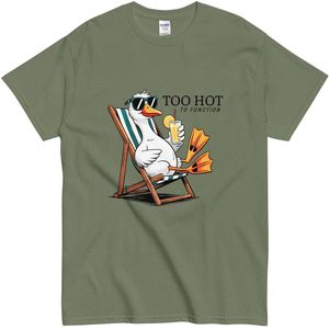 Grappig en Vrolijk T Shirt Dames Heren - Cartoon Gans - Quote Tekst: Too Hot To Function - Khaki Groen - 2XL