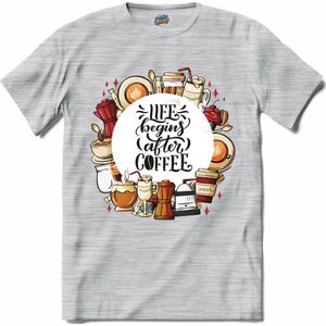 Life Begins After Coffee | Koffie - Coffee - Vintage - T-Shirt - Unisex - Donker Grijs - Gemêleerd - Maat 4XL