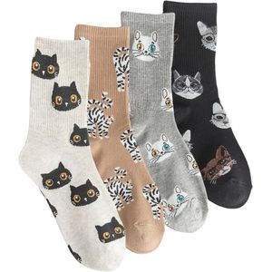 Schattige kattensokken voor dames - Set van 4 neutrale katoenen sokken - Casual warm gebreid katoen - Comfortabele ademende kledingsokken - Meerkleurig - One size