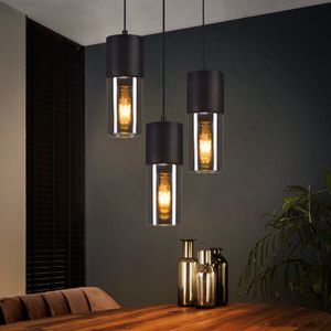 NETTLIFE Hanglamp glas - 3xE27 - rond - zwart - metalen - eettafel lampen voor trap slaapkamer - Zonder lichtbron