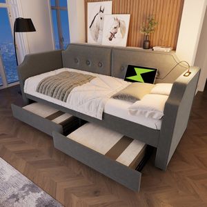 Gestoffeerd bed, slaapbank 90x200 cm met USB Type-C leeslampje, slaapbank met 2 opberglades, kinderbed, jeugdbedframe met lattenbodem van hout, fluweel, grijs, zonder matras