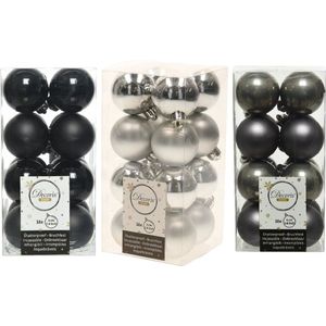 48x Stuks kunststof kerstballen mix zwart/antraciet grijs/zilver 4 cm - Kleine kerstballetjes - Kerstboomversiering