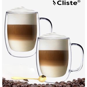 Cliste Dubbelwandige Koffieglazen Met Oor Met Gratis 2x Goud Lepels - Latte Macchiato Glazen - 400ML - Dubbelwandige Theeglazen - 2x - Cappuccino Glazen