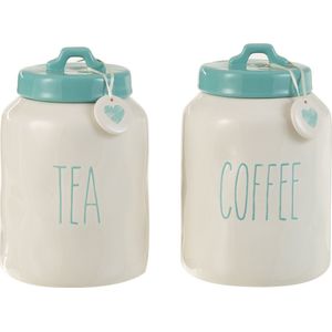 J-Line voorraadpot Coffee/Tea - keramiek - blauw/wit - 2 stuks