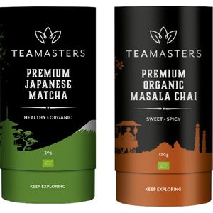 Teamasters giftbox Matcha en Chai - Japanese - Matcha - 30 gram - Thee - Matcha thee - poederthee - Detox - Healthy and Organic - Organic Masala Chai 120 gram - Indiase Kruidenthee - Indische vegan Chai - Oplosthee - Chai Latte - Kerst - Winter