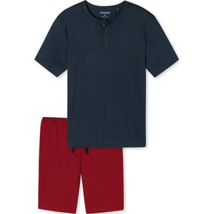 SCHIESSER Fashion Nightwear shortamaset - heren shortama biologisch katoen knoopsluiting visgraatpatroon donkerblauw - Maat: L