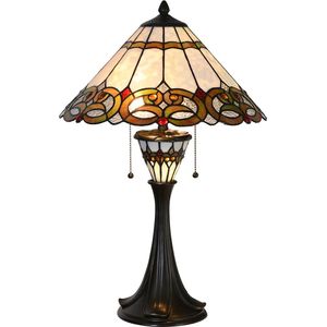 HAES DECO - Tiffany Tafellamp Ø 40x61 cm Beige Rood Glas Driehoek Tiffany Bureaulamp Tiffany Lampen Glas in Lood