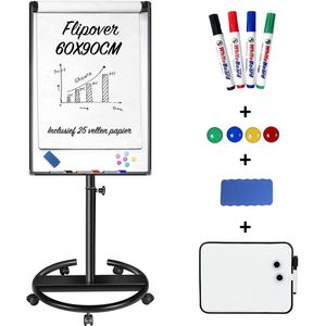 Lenx Flipover Verrijdbaar 60x90cm - Inclusief 25 Vellen Papier, Stiften, Marker, Magneten en Mini whiteboard - Magnetisch Whiteboard - Verstelbaar Bord van 172 tot 215 cm - Met Uitschuifbare Armen