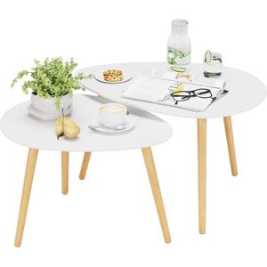 Set van 2 Scandinavische bijzettafels - Witte houten salontafels voor woonkamer (Groot en klein)