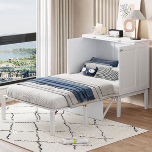 Pugsdrly Opklapbed 90x200 cm, wandbed met lattenbodem, wandklapbed, verticaal opklapbed met lattenbodem, jeugdbed, wit
