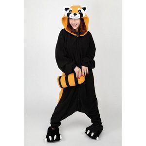 KIMU Onesie Rode Panda Wasbeer Pak - Maat XS-S - Wasbeerpak Kostuum Bruin 152 158 - Huispak Jumpsuit Dames Heren Overall Fleece Raccoon Festival