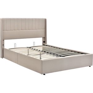 Gestoffeerd Bed 160x200 cm Opbergbed Hydraulisch Bed Met Lattenbodem van Hout Bed Met Lattenbodem van Metaalframe Linnen Beige Zonder Matras