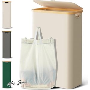 Mrs. Jones Wasmand 48 liter opvouwbaar met waszak hout bamboe hoge wasmand beige- wasverzamelaar smal .