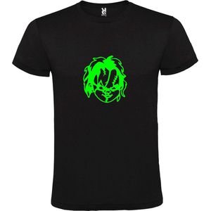Zwart T-Shirt met “ Halloween Chucky “ afbeelding Neon Groen Size M