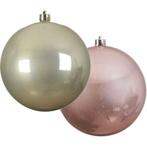 Grote decoratie kerstballen - 2x st - 14 cm - champagne en lichtroze - kunststof