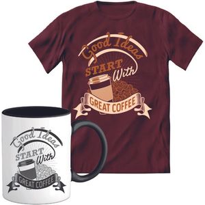 T-Shirtknaller T-Shirt met Koffiemok | Good Ideas Start With Coffee - Koffie Kleding | Heren / Dames Shirt met Mok Cadeau | Kleur rood | Maat 3XL