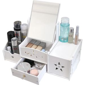Cosmetic organizer, make-uptafelorganizer met spiegel, multifunctionele cosmetica-organizer voor desktop, witte make-up-organizer met lade voor slaapkamer/badkamer (vierkante spiegel)