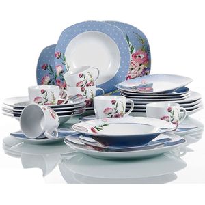 Luxe Serviesset - Bordenset - Kommen set - Soep Borden - Dessert Borden - Dinerborden - set van 30 - 6 persoons - Wit - Blauw - Bloemen