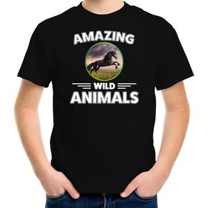 T-shirt paard - zwart - kinderen - amazing wild animals - cadeau shirt paard / paarden liefhebber 158/164