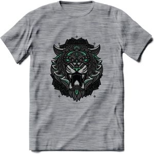 Tijger - Dieren Mandala T-Shirt | Aqua | Grappig Verjaardag Zentangle Dierenkop Cadeau Shirt | Dames - Heren - Unisex | Wildlife Tshirt Kleding Kado | - Donker Grijs - Gemaleerd - 3XL