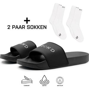 Dutch'D ® Rubberen slipper + 2 Paar Sokken! - Zwart/wit - Maat 43/44 - anti slip - Comfortabel - Dubbele maten - unisex - Heren Badslippers - Slippers - Badslippers