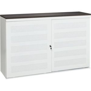 Schuifdeurkast met geperforeerde deuren breed 166CM diep 40CM hoogte 100CM bladkleur Ahorn framekleur Aluminium (RAL9006)