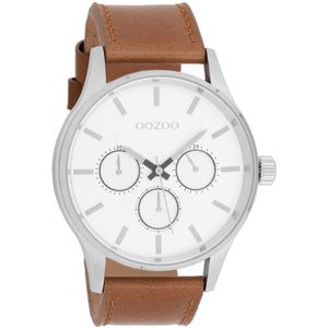 OOZOO Timepieces - Zilverkleurige horloge met bruine leren band - C10045
