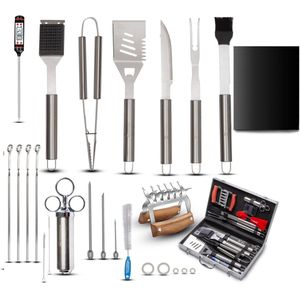 Rednas Premium BBQ Gereedschap Set - BBQ Accessoires - RVS Marinade Injectiespuit - 22-delig - RVS - Koffer