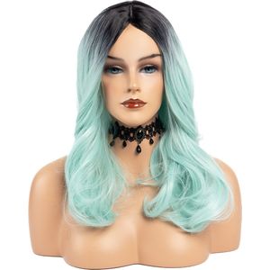 KIMU Luxe Lange Mintgroene Zwarte Pruik - Curtain Bangs Pony - Haarwerk Krullen Pony - Zwarte Zwartharig Tweekleurig Halve Ombré Festival