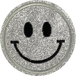 Smiley Emoji Strijk Embleem Patch Glitter Zilver 6.4 cm / 6.4 cm / Zilver Zwart