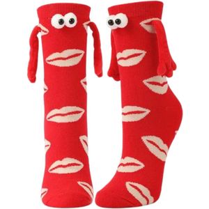 Rode Sokken met Lippen, Ogen en Handjes met magneet - Love Socks - Maat 35-40 - Valentijn/Liefde/Grappig
