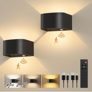 Mrs. Jones Batterijwandlamp voor binnen met bewegingssensor afstandsbediening - 3 kleuren wandlicht omhoog en omlaag - led-wandlamp 3 modi - oplaadbare batterij-aangedreven wandlampen .