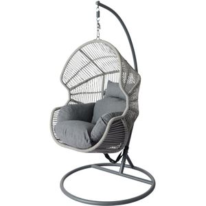 Hangstoel Cuba - Grijs Wicker - Zwart Frame - Grijze kussens - Basketmaat 85*70*120CM - voor Buiten en Binnen