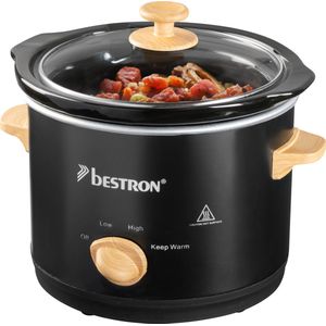 Bestron Slowcooker, met 3 programma's, keramische pan & glazen deksel, voor 2 Personen, 1.5L capaciteit, vatwasserveilig, 120 Watt, Black & Wood Collection, Kleur: Zwart/Hout