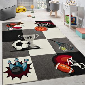 Paco Home Vloerkleed Kinderkamer Beker Basketbal Voetbal Kinderen Vloerkleed Tennis Ruitpatroon Grijs/Crème 80x150 cm